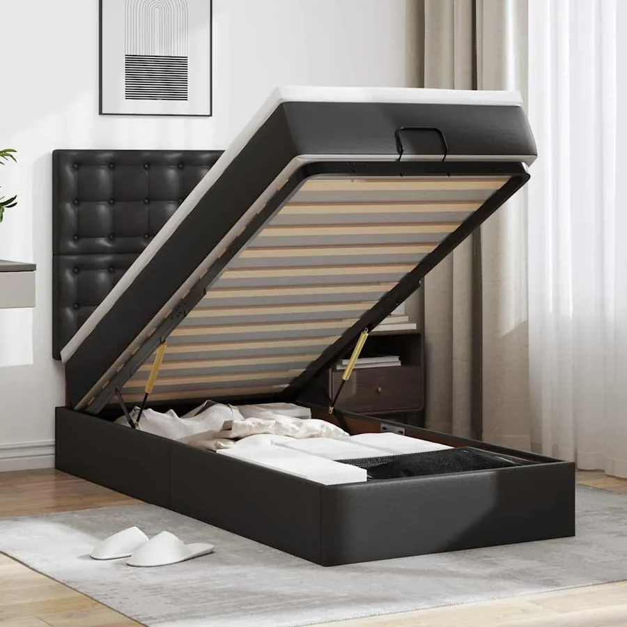 Lit ottoman avec matelas noir 90x190 cm similicuir