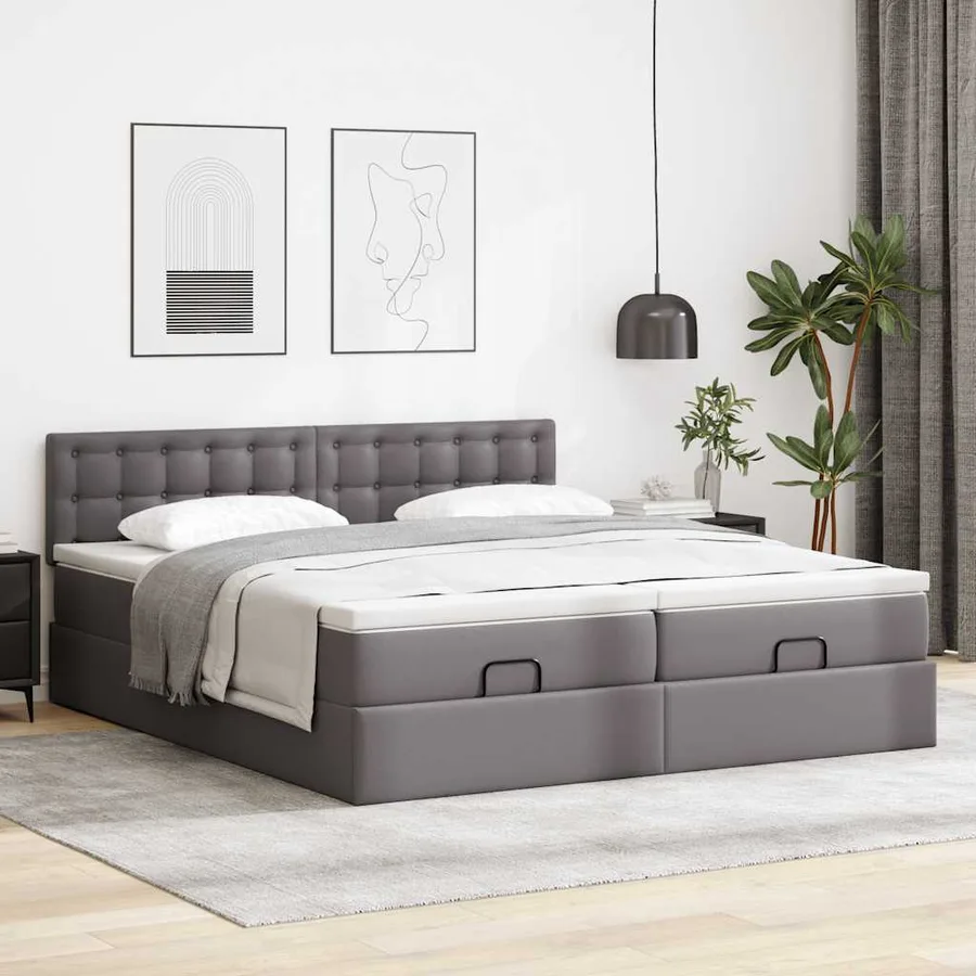 Cadre de lit ottoman avec matelas gris 160x200 cm similicuir - 3