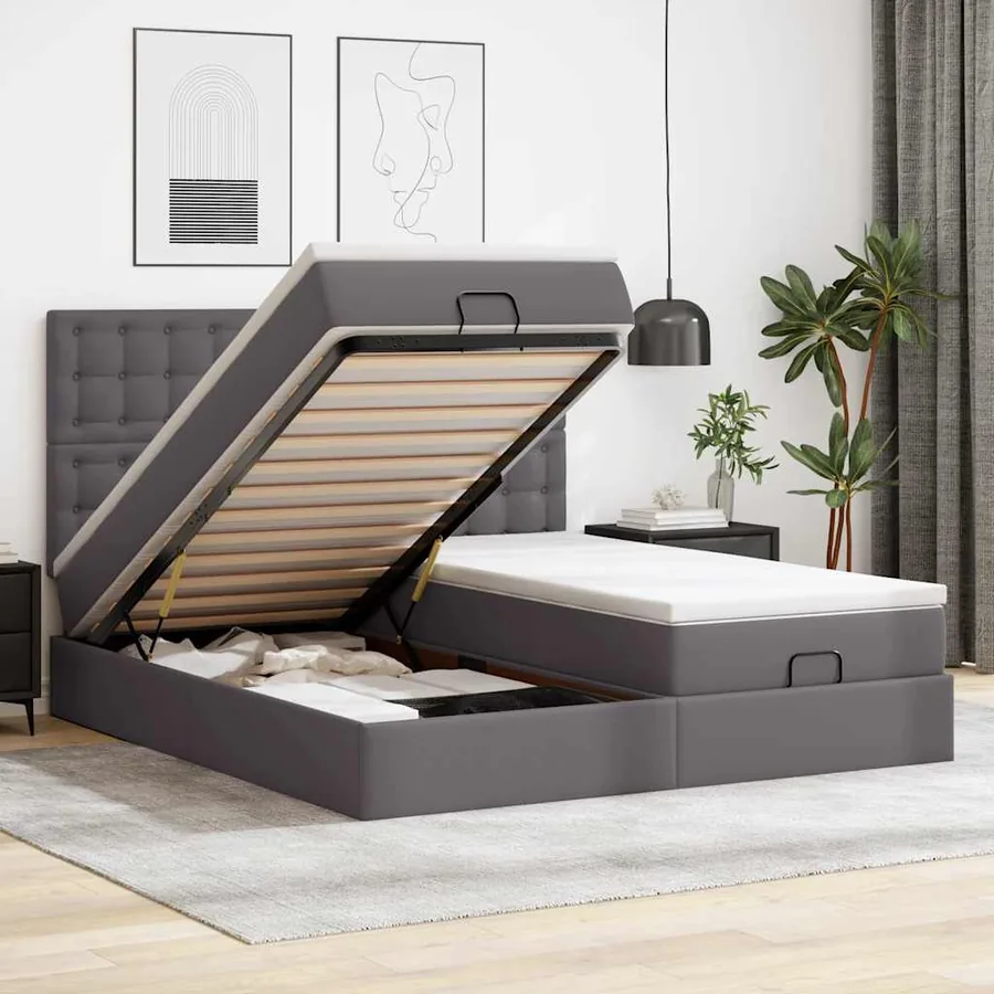 Lit ottoman avec matelas & LED Gris 160x200cm similicuir