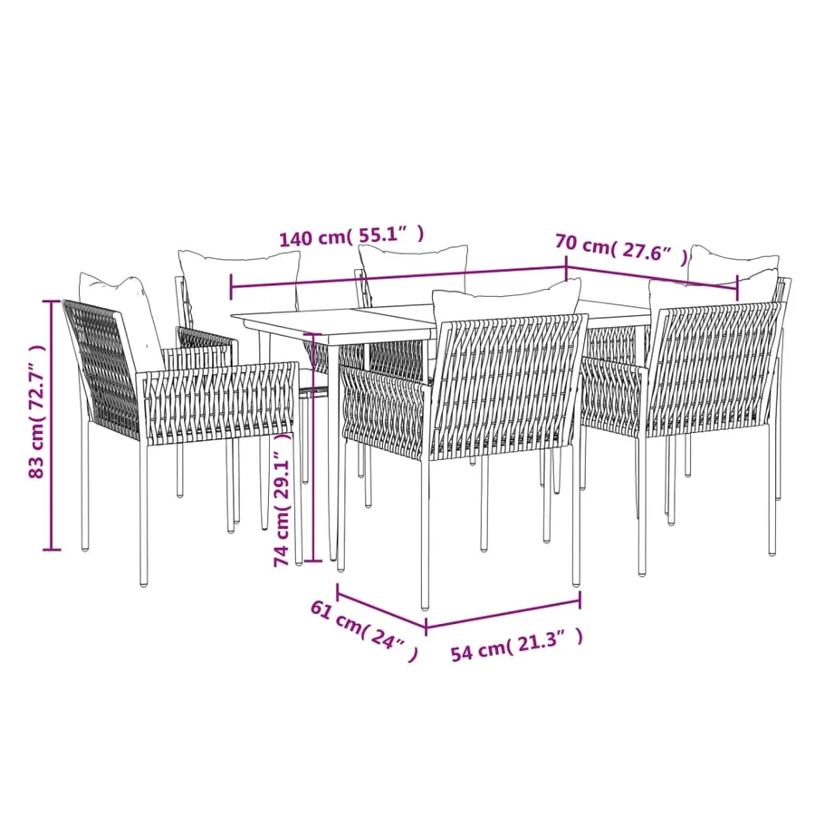 Ensemble à manger de jardin 7 pcs coussins résine tressée acier - 10