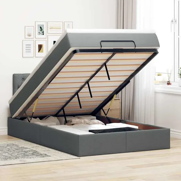 Lit ottoman avec matelas et LED gris foncé 120x200 cm tissu