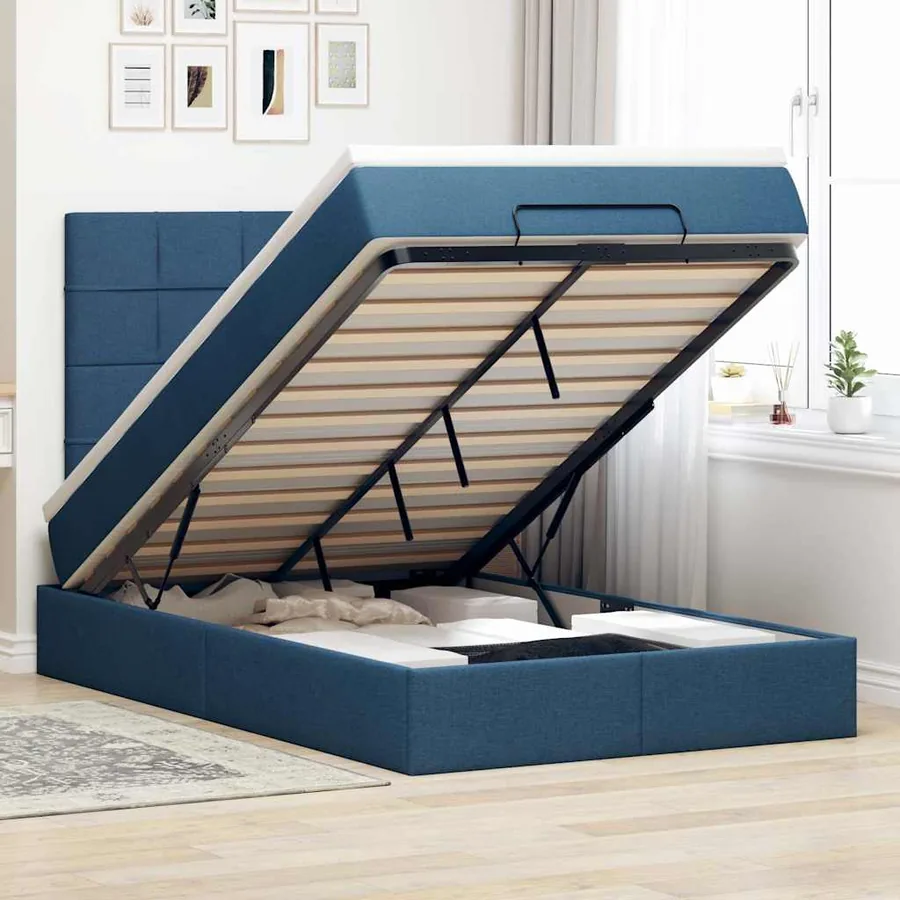 Cadre de lit ottoman avec matelas bleu 120x200 cm tissu