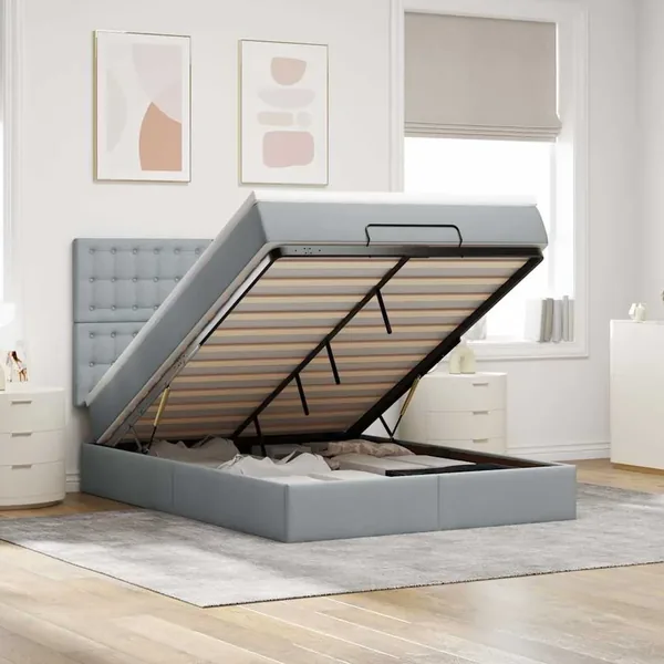 Cadre de lit ottoman et matelas gris clair 140x190 cm tissu