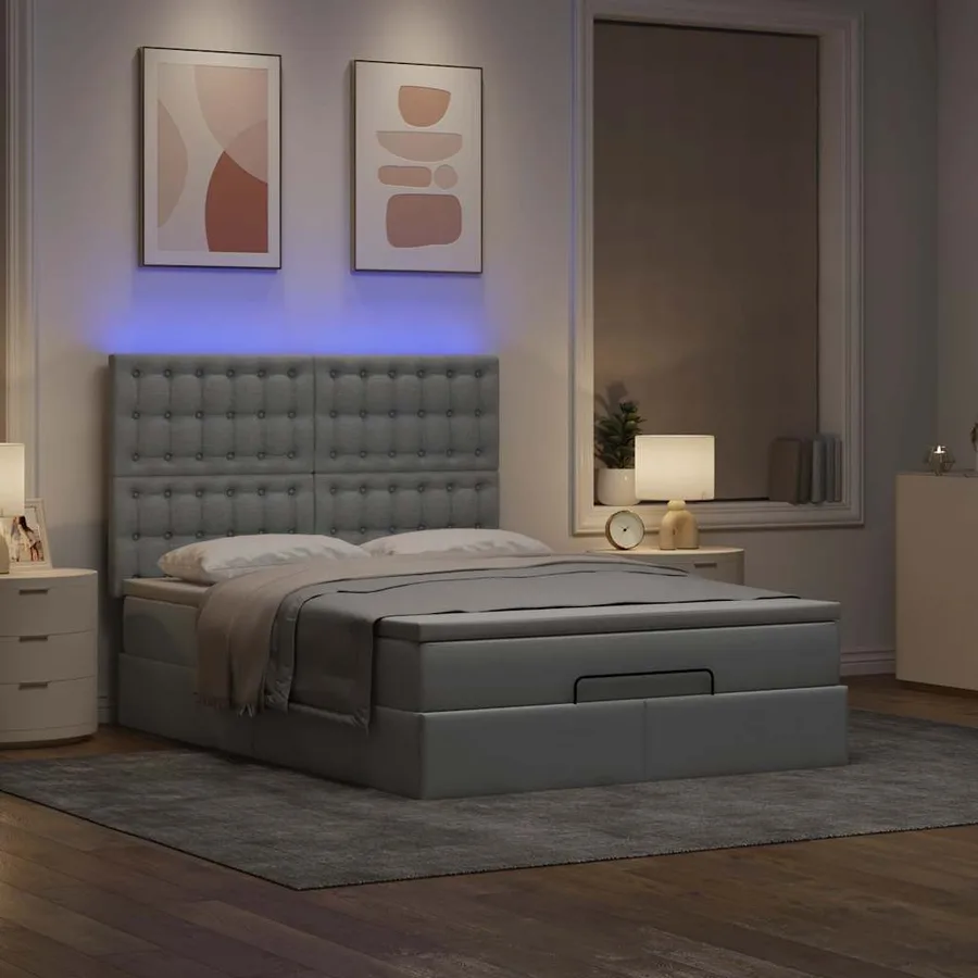Cadre de lit ottoman et matelas gris clair 140x190 cm tissu - 3