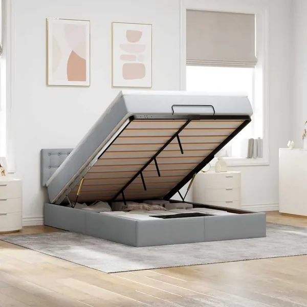 Lit ottoman avec matelas et LED gris clair 140x190 cm tissu