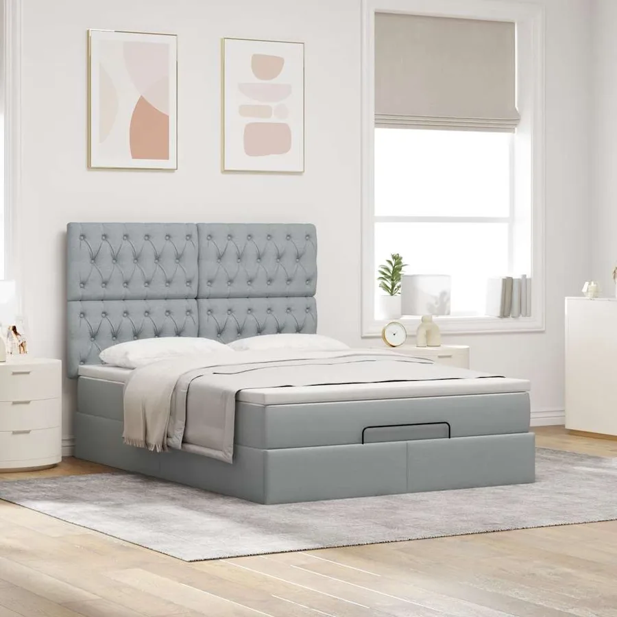 Cadre de lit ottoman et matelas gris clair 140x190 cm tissu - 4