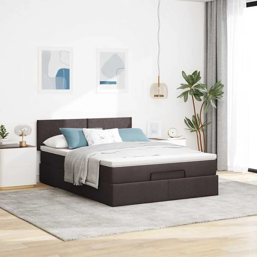Lit ottoman avec matelas marron foncé 140x190 cm tissu - 3