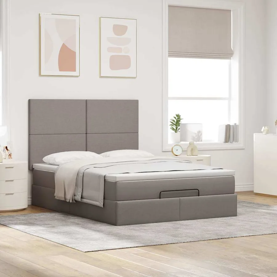 Cadre de lit ottoman avec matelas taupe 140x190 cm tissu - 4