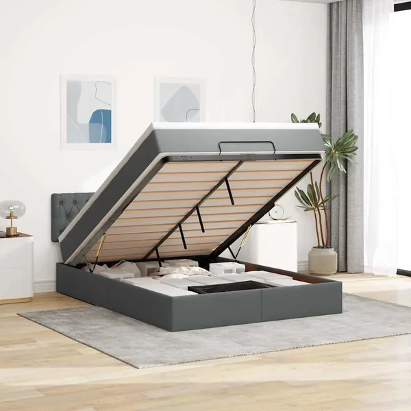 Lit ottoman avec matelas et LED gris foncé 140x190 cm tissu