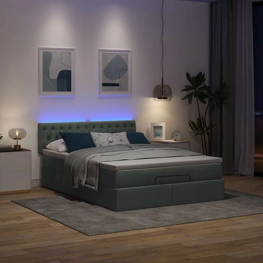 Lit ottoman avec matelas et LED gris foncé 140x190 cm tissu - 3