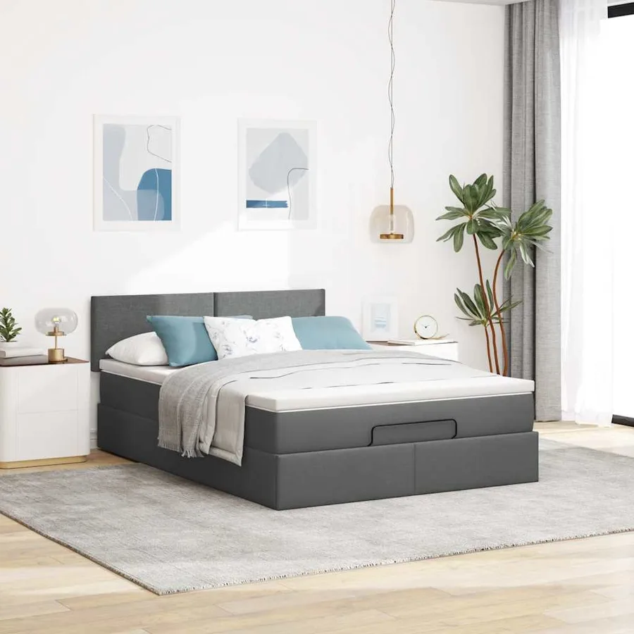 Lit ottoman avec matelas gris foncé 140x190 cm tissu - 3