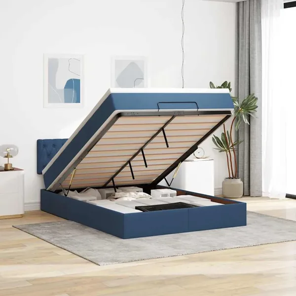 Lit ottoman avec matelas et LED bleu 140x190 cm tissu