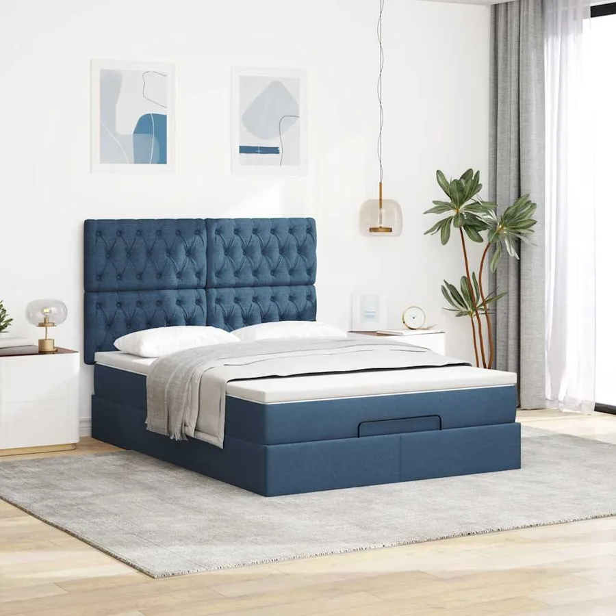 Cadre de lit ottoman avec matelas bleu 140x190 cm tissu - 3