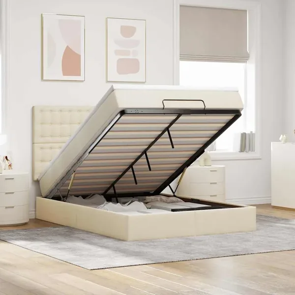Cadre de lit ottoman avec matelas crème 140x190 cm tissu