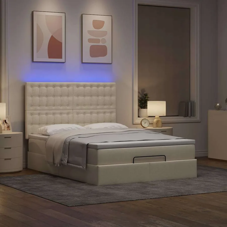 Cadre de lit ottoman avec matelas crème 140x190 cm tissu - 3