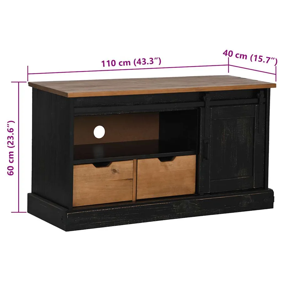 Meuble TV HALDEN porte coulissante noir 110x40x60cm bois massif - 10