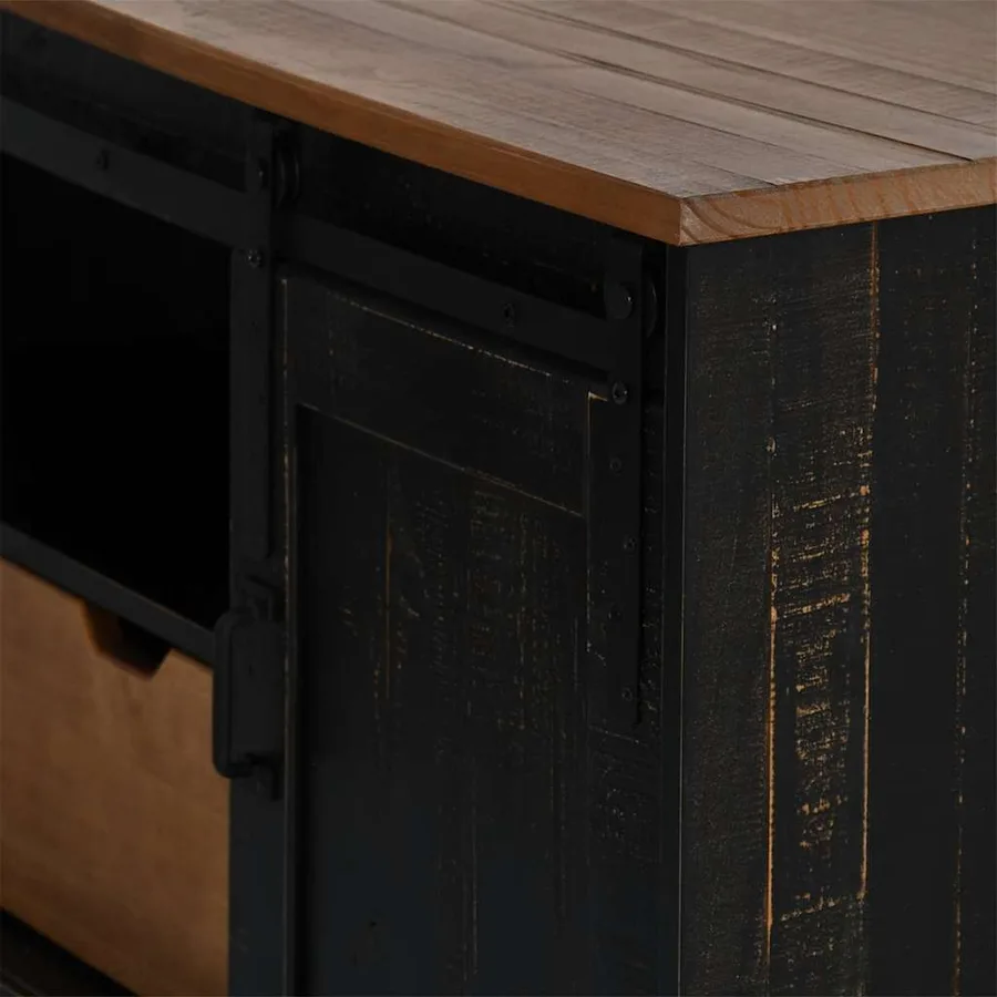 Meuble TV HALDEN porte coulissante noir 110x40x60cm bois massif - 8
