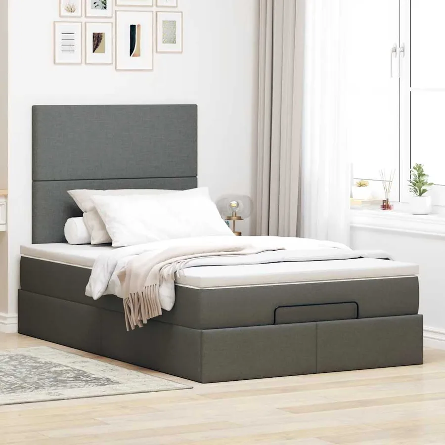 Cadre de lit ottoman avec matelas gris foncé 120x190 cm tissu - 4