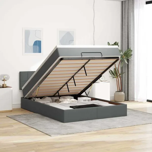 Lit ottoman avec matelas et LED noir 140x200 cm tissu