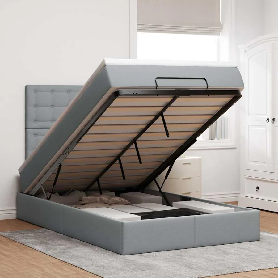 Cadre de lit ottoman avec matelas gris clair 120x190 cm tissu
