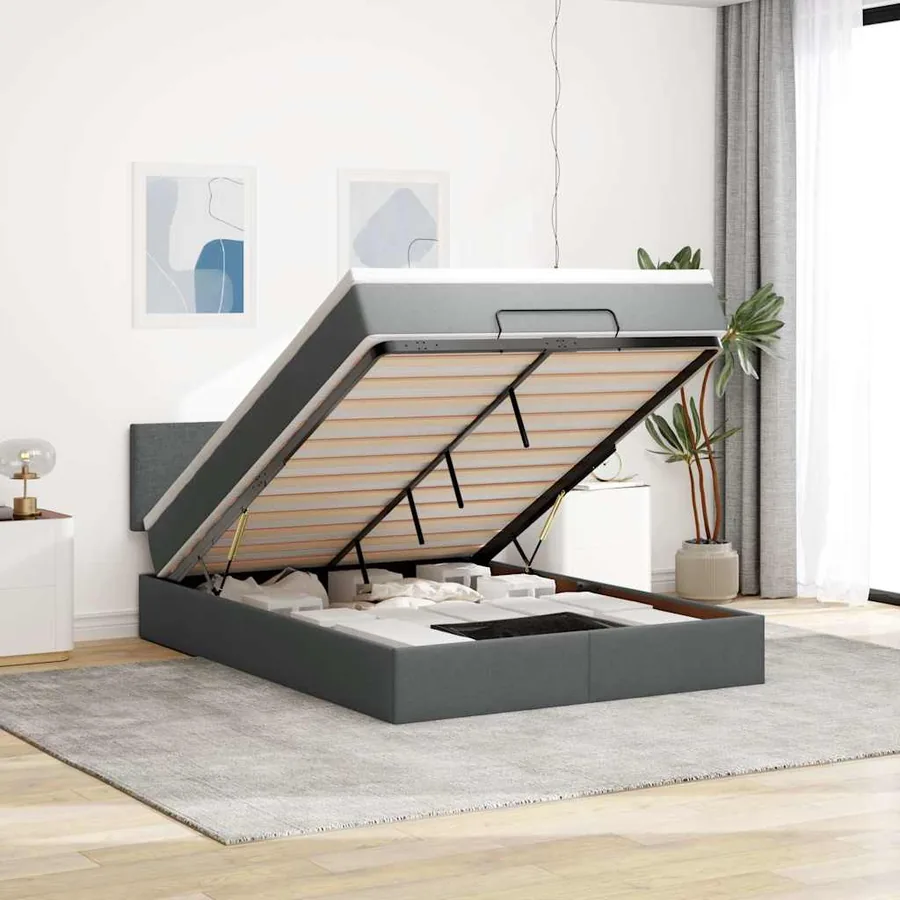 Lit ottoman avec matelas et LED gris foncé 140x200 cm tissu