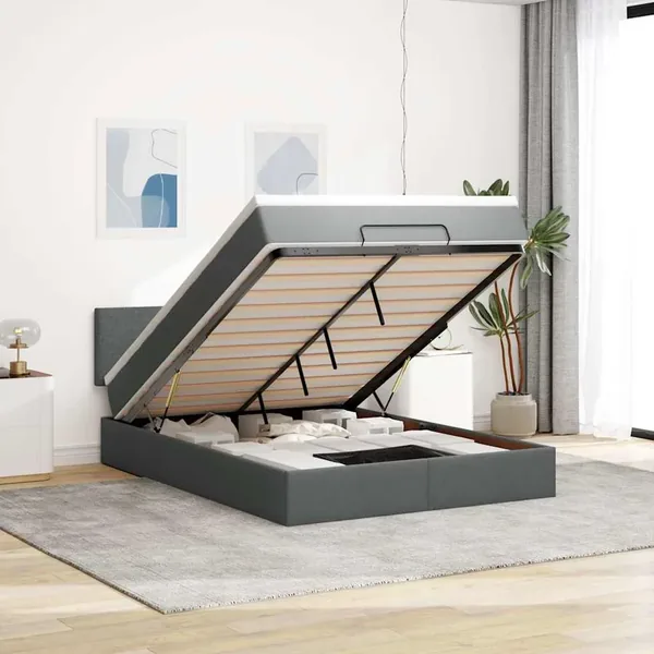 Lit ottoman avec matelas et LED gris foncé 140x200 cm tissu