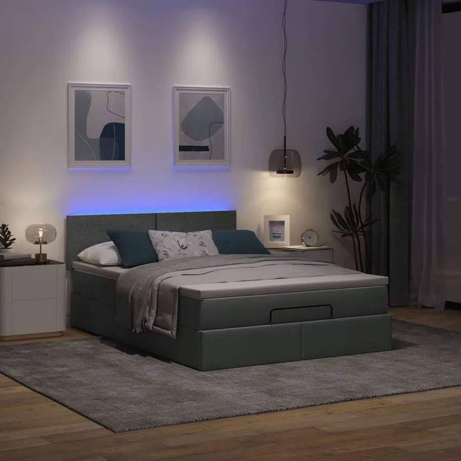 Lit ottoman avec matelas et LED gris foncé 140x200 cm tissu - 3