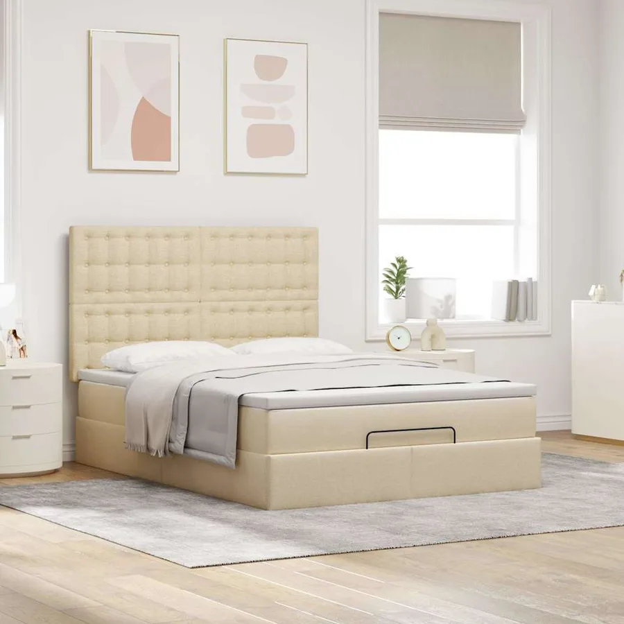 Cadre de lit ottoman avec matelas crème 140x200 cm tissu - 4