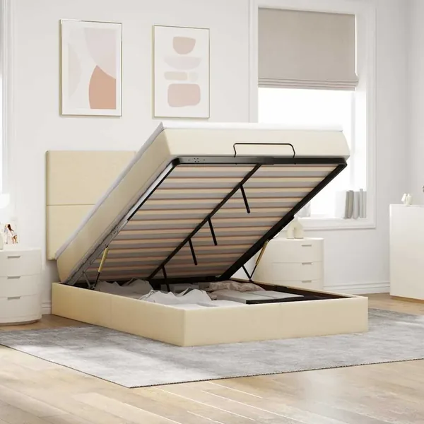Cadre de lit ottoman avec matelas crème 140x200 cm tissu