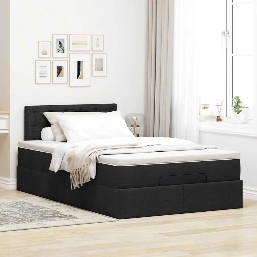 Lit ottoman avec matelas noir 120x190 cm tissu - 3