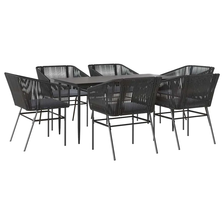 Ensemble à manger de jardin coussins 7pcs noir poly rotin verre - 2