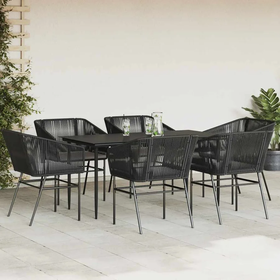 Ensemble à manger de jardin coussins 7pcs noir poly rotin verre - 3