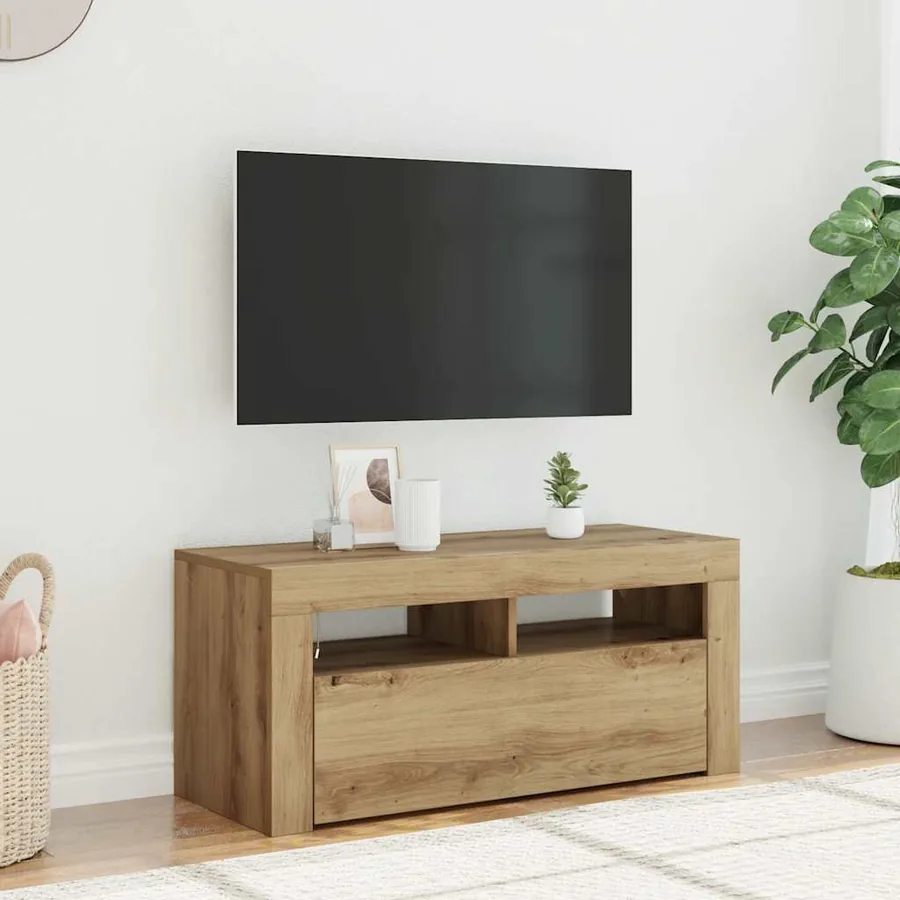 Meuble TV avec lumières LED chêne artisanal bois d'ingénierie