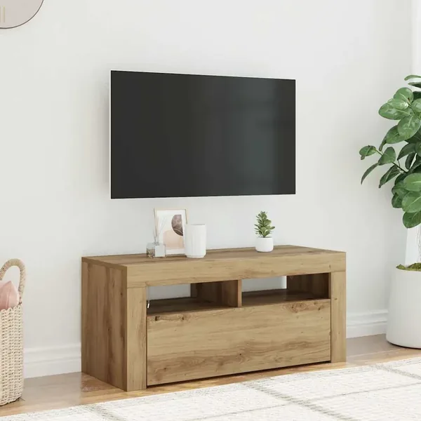 Meuble TV avec lumières LED chêne artisanal bois d'ingénierie