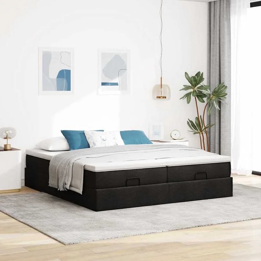 Cadre de lit ottoman avec matelas noir 200x200cm tissu - 3