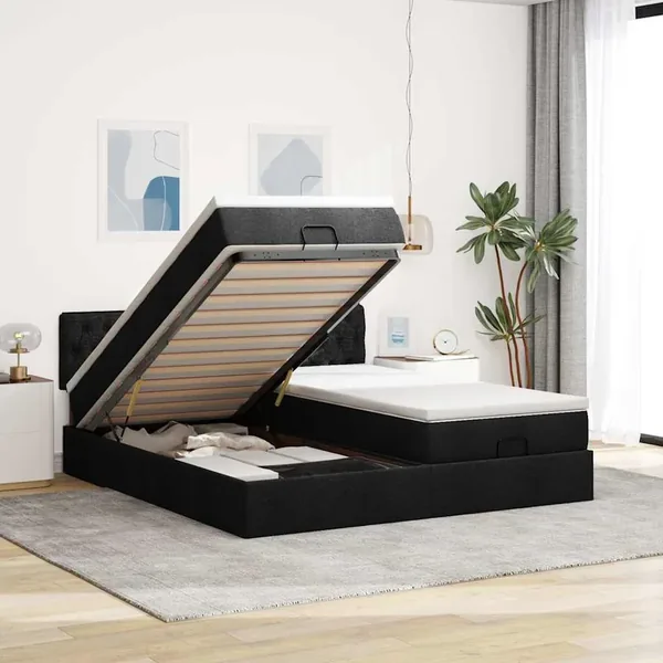 Cadre de lit ottoman avec matelas noir 200x200cm tissu