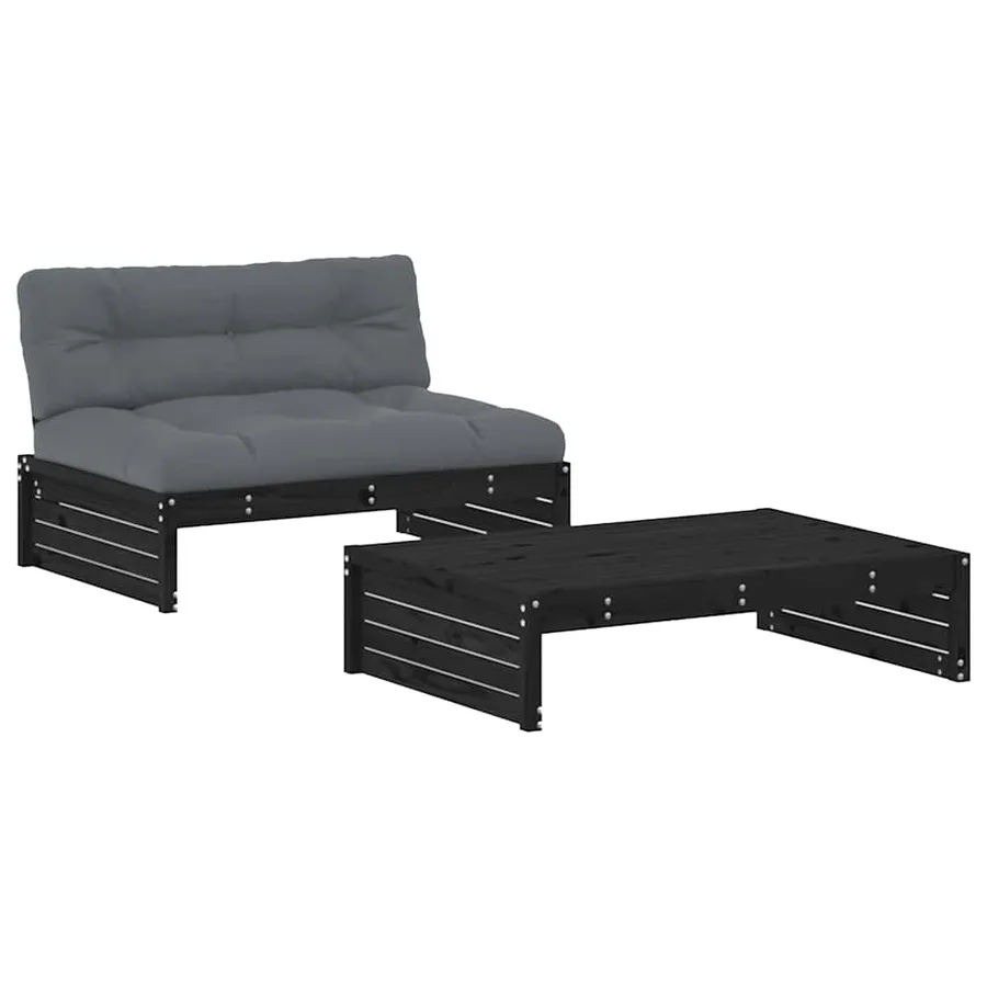 Salon de jardin 2 pcs avec coussins noir bois massif - 2