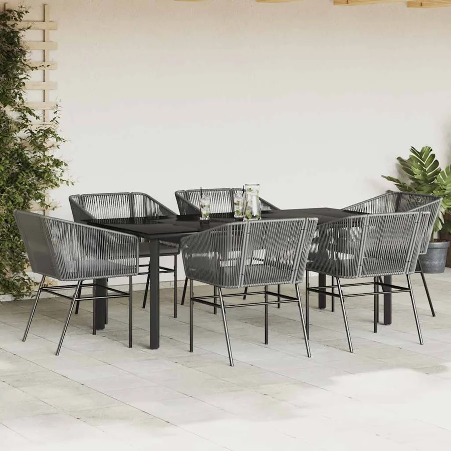 Ensemble à manger jardin coussins 7 pcs gris poly rotin verre - 3