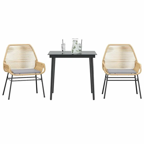 Ensemble à manger jardin coussins 3pcs marron poly rotin verre