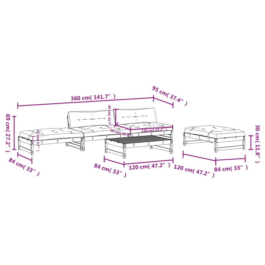 Salon de jardin 5 pcs avec coussins bois de pin imprégné - 8