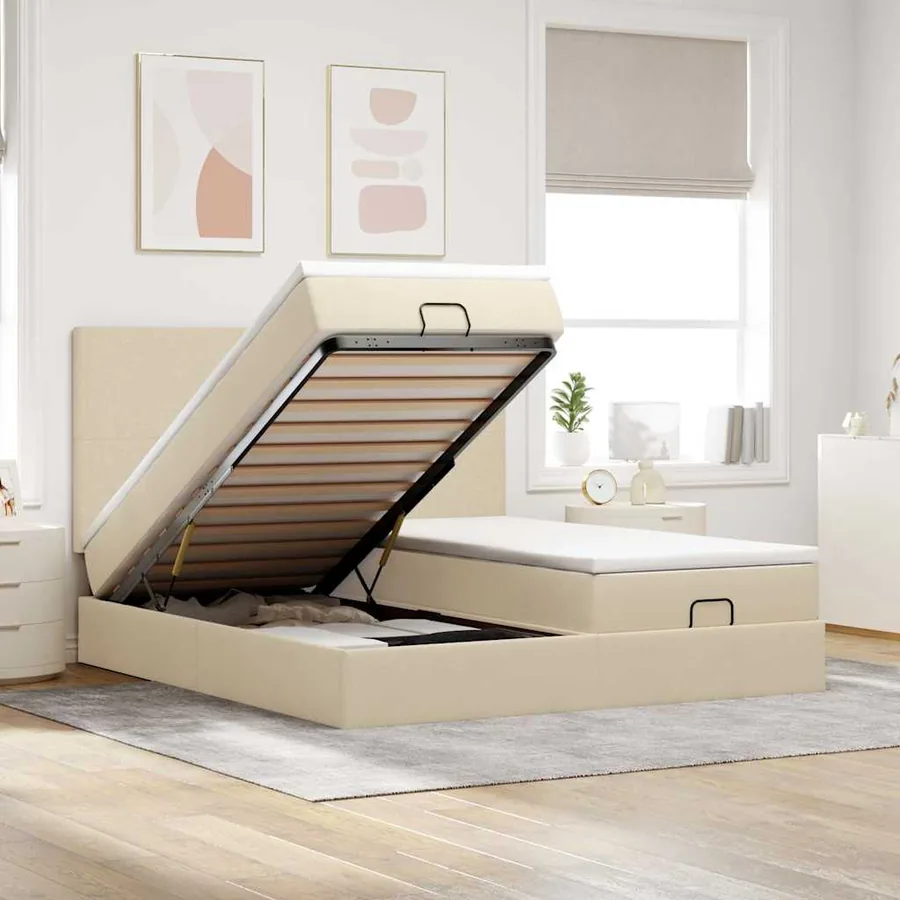 Cadre de lit ottoman avec matelas crème 200x200cm tissu