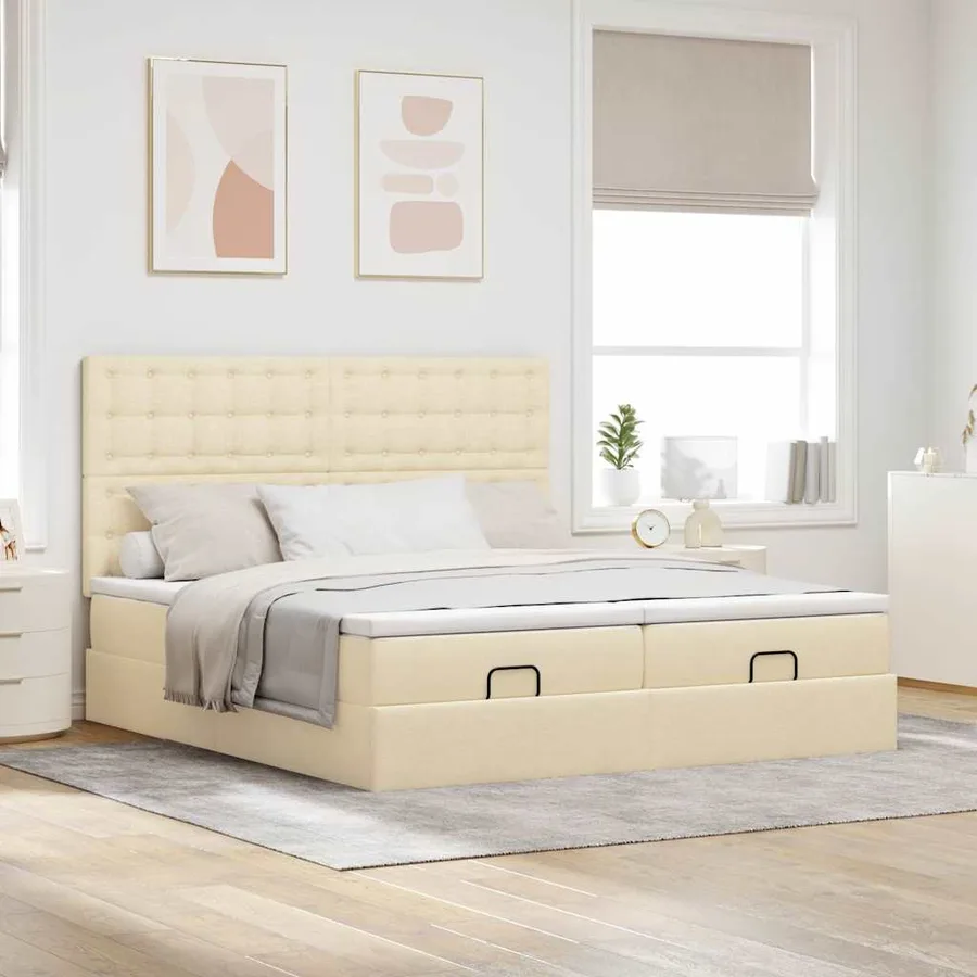 Cadre de lit ottoman avec matelas crème 200x200cm tissu - 4