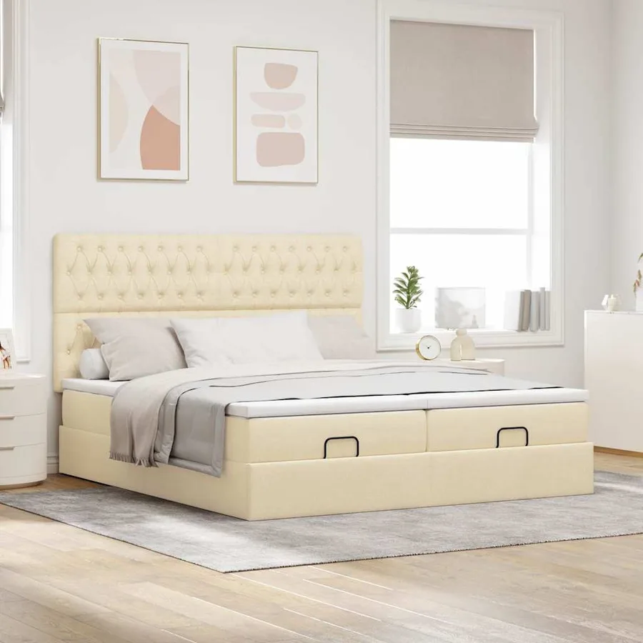 Cadre de lit ottoman avec matelas crème 200x200cm tissu - 4