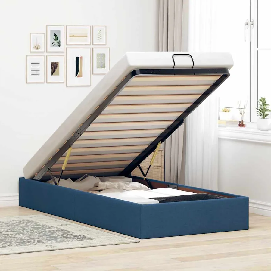 Cadre de lit ottoman sans matelas bleu 100x200 cm tissu