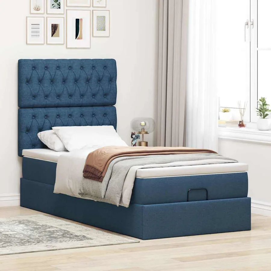 Lit ottoman avec matelas bleu 100x200 cm tissu - 3