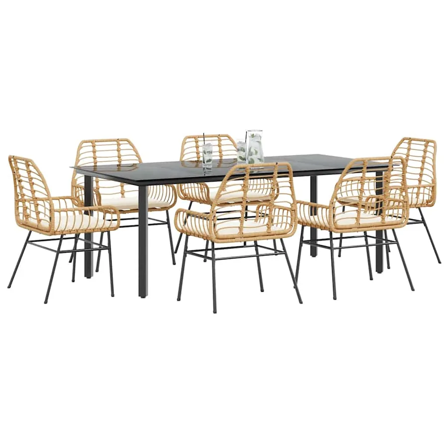Ensemble à manger jardin coussins 7pcs marron poly rotin verre