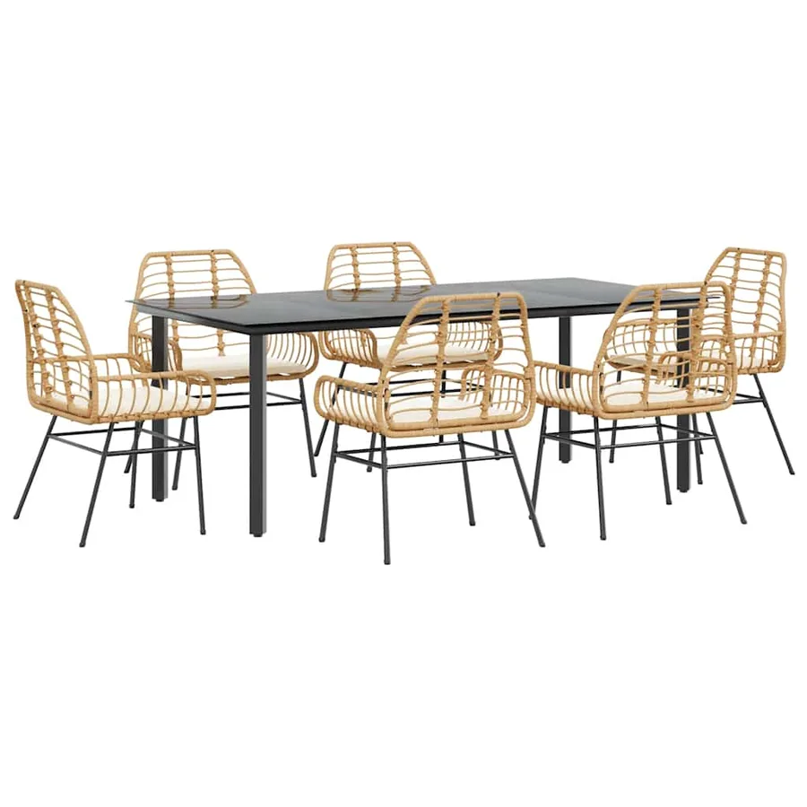 Ensemble à manger jardin coussins 7pcs marron poly rotin verre - 2