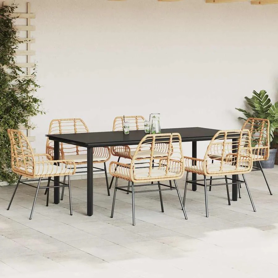 Ensemble à manger jardin coussins 7pcs marron poly rotin verre - 3