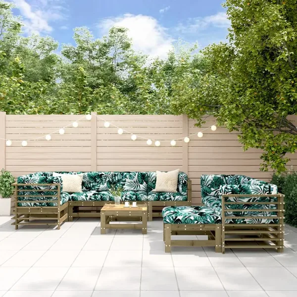 Salon de jardin 10 pcs avec coussins bois de pin imprégné