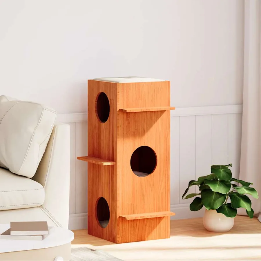Maison pour chat cire marron 43x43x90 cm bois de pin massif - 2